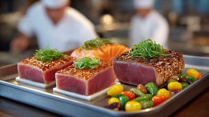 Bright modern culinary station with chefs pat drying fresh tuna steaks salmon fillets and cod loins on white absorbent pads beside a collection of washed lemon halves