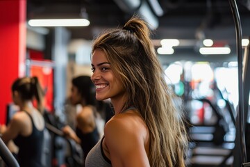 Fototapeta premium A gym with people working out and music in the background. A personal trainer is guiding a client and feeling proud of their progress.