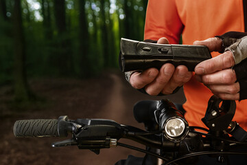 Obraz premium Closeup photo of athletic man holding taser to protect against stray animals during forest ride. Man riding bike with stun gun ready for dog protection, safety during solo adventure