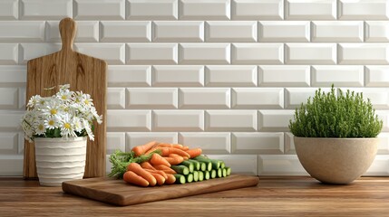 Modern open kitchen with minimalist design showing pristine cutting boards with rows of trimmed carrots cucumbers and radishes ready for precise knife work under clean white tiles