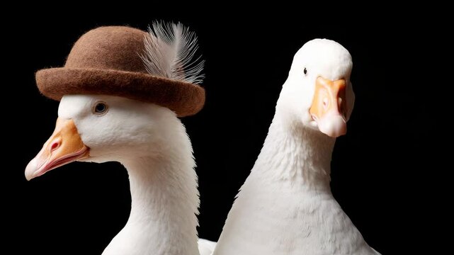 Two ducks wearing hats and standing next to each other. The hats are brown and the ducks are white