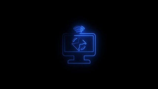Glowing neon monitor with wifi icon.HD motion graphic video animation with neon effects.isolated on a black background.