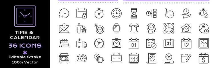 Time & Calendar Line Icons Set Design Collection - Editable Vector Illustrator Stroke.