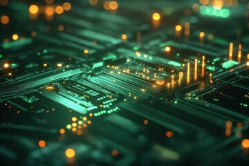 Obraz premium Glowing green circuit board with illuminated components and intricate circuitry in a dark setting, Green circuit board with glowing lights suggesting data processing or electronic activity