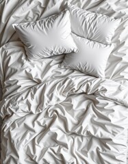 white bedding sheets and pillow background, messy bed concept created with generative ai technology
