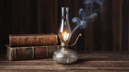 Antique oil lamp flickering softly on a rustic wooden table, dark vintage background, cinematic camera pan from the sidevintage decor, cozy atmosphere, heritage style  - Powered by Adobe