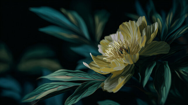 Detailed botanical exemplification of a bloom flower with stylized leaves for artistic projects