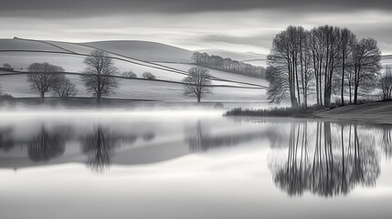 Fototapeta premium Misty Winter Landscape with Tree Reflections in Calm Lake
