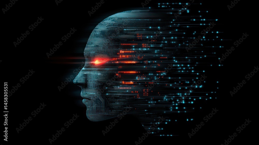 Poster digital mind: a futuristic portrait of ai consciousness, blending human form with glowing binary cod