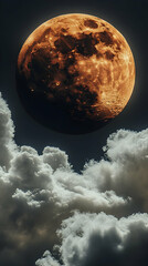 A large, orange celestial body hangs low in a night sky, partially obscured by fluffy clouds
