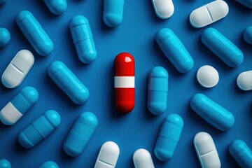 isolated red-white capsule surrounded by uniform blue-white ones, medical contrast