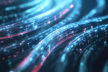 Abstract concept of data transfer using fiber optic technology in a high-speed network environment, Abstract concept of data transfer with fiber optic cables glowing with digital information