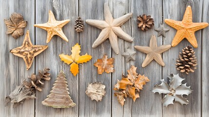Fototapeta premium Autumnal Seascape Starfish Pine Cones Leaves Wooden Background