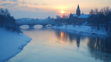 Fototapeta premium Winter sunrise over a serene river and town.