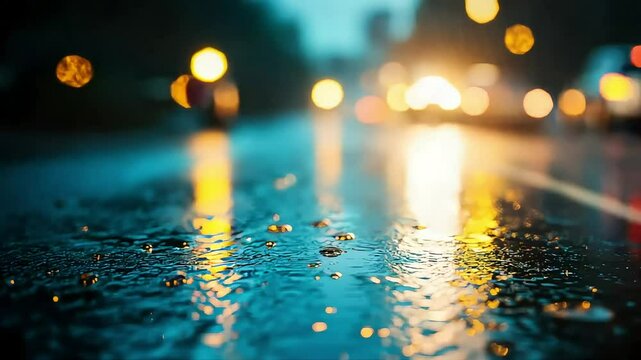 Reflective road surface with headlights and rain abstract