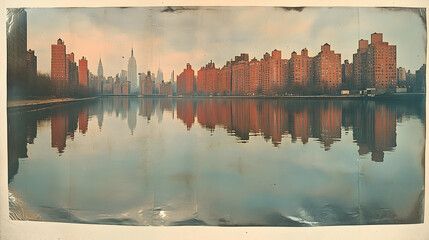 Fototapeta premium Serene cityscape reflected in calm waters; numerous buildings line the shore, creating a symmetrical, almost dreamlike image