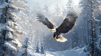 Fototapeta premium Majestic eagle soaring through a snowy forest.
