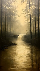 Fototapeta premium Serene golden-hued stream flows through misty forest, sunlight filtering through trees, creating a tranquil atmosphere