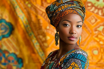 Fototapeta premium A Stunning Model in a Traditional African Gown with Bold Patterns and a Matching Headwrap, Posing Gracefully Against a Vibrant Studio Backdrop.