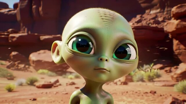 Alien head in desert landscape with curious expression