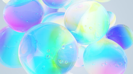 A dreamy 3D composition of iridescent pastel bubbles, blending luxury skincare, futuristic science, and fantasy art aesthetics—perfect for packaging, editorial design, or digital visual storytelling

