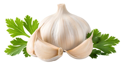 Fresh garlic bulb with separated cloves and parsley leaves
