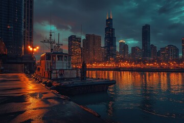 Obraz premium Sunset over Diversey Harbor showcasing Chicago skyline and moored boat, Diversey Harbor Chicago 60p