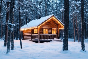 Cozy cabin adorned with festive lights in a snowy forest during winter twilight, Cozy cabin in snowy forest with festive lights