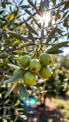 green olives on a branch of an olive tree, with sunlight filtering through the leaves