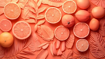 Coral Orange Slices Tropical Leaves Flatlay