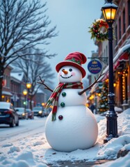 Obraz premium happy snowman standing in winter christmas town street