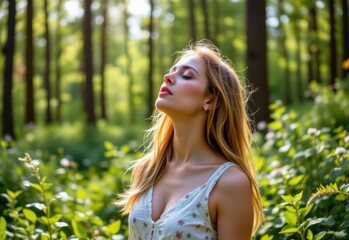 Fototapeta premium relaxed woman breathing fresh air in a green forest