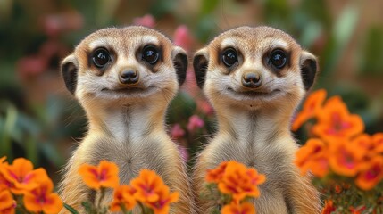 Fototapeta premium Adorable Meerkat Duo Amidst Vibrant Blooms