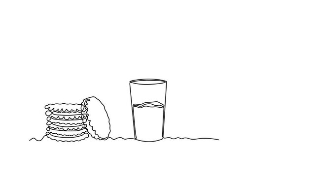 Abstract jug, pitcher for milk, water,juice and stack of cookies with cream, dessert for breakfast, Self drawing animation one continuous line draw, logo