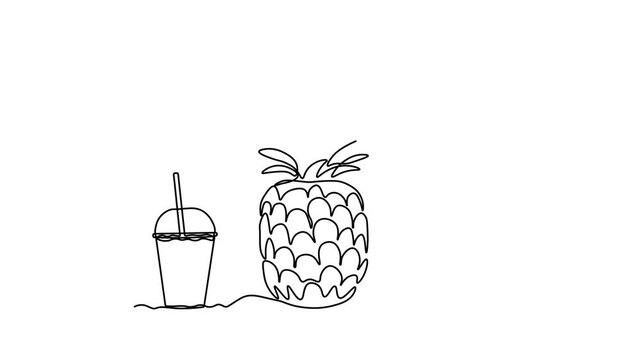 abstract pineapple juice glass with lid and straw, Self drawing animation one continuous line draw, logo
