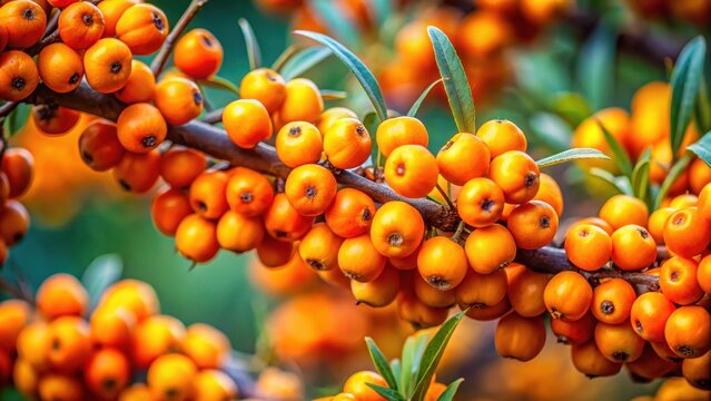 Close-up of vibrant sanddorn berries on a branch, close-up photography, vibrant colors, close-up photography