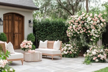 Fototapeta premium lush backyard garden with pastel pink and white floral bunches