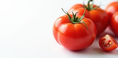 Red tomato on white background, ample copy space , photography, nature, macro