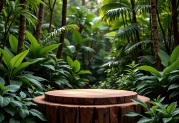wooden podium in tropical forest for product presentation and green background.