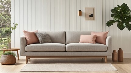 Light gray sofa with accent pillows in a modern living room.