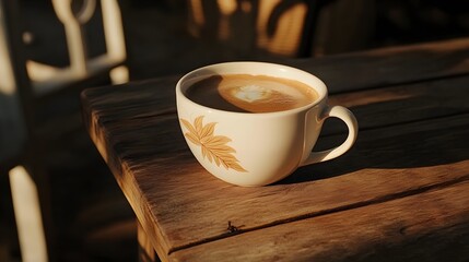 Obraz premium Golden Hour Latte Art Coffee in Cup on Wooden Table
