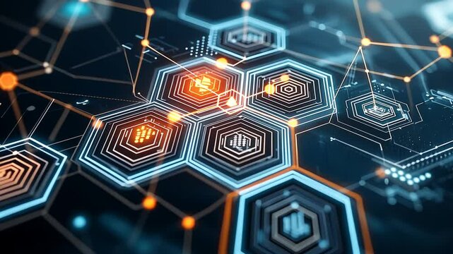 Digital network of interconnected hexagons with glowing lines, orange & blue hues