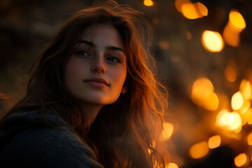 Atmospheric Campfire Night Scene Featuring a Serene Female Model Bathed in Warm Firelight with a Bokeh Effect of Flickering Flames Behind Her.