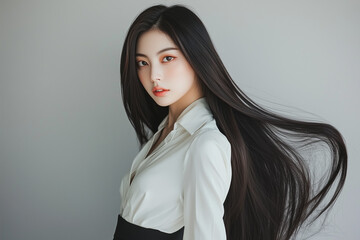 Fototapeta premium Beautiful 20-Year-Old Korean Female with Glossy Black Hair Styled Flawlessly in a Chic White Blouse and Black Trousers.