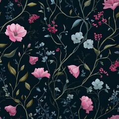 Elegant floral pattern featuring pink and blue flowers on a dark background, suitable for textiles