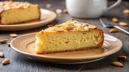 Slice of Delicious Almond Cake on a Plate , golden brown, culinary art,  golden brown, culinary art