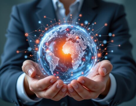 pair of hands holding a transparent globe with digital connections and nodes superimposed over it, representing a network