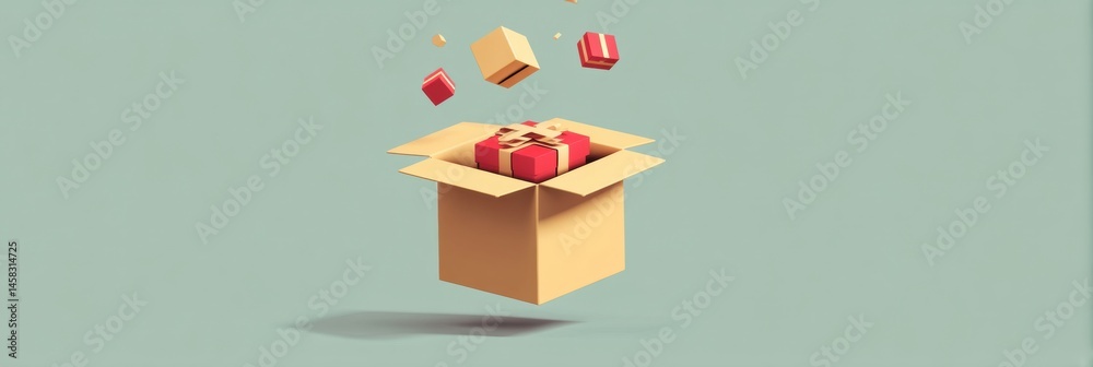 Poster playful animated cardboard box surprises with gifts flipping open in a cheerful display of excitemen