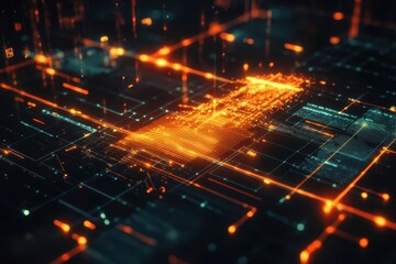 Obraz premium Abstract digital interface showcasing glowing lines and geometric shapes in a futuristic design, Abstract digital interface with glowing lines and geometric shapes depicting data visualization