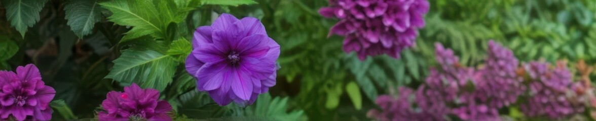 Obraz premium A vibrant purple flower blossoms atop lush green leaves , organic, violet, green